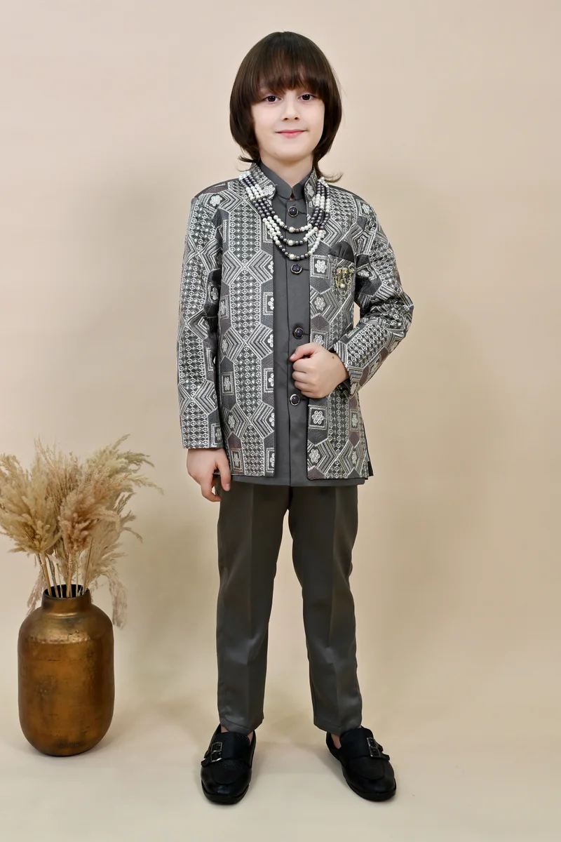 BT DEZINES Charcoal Grey Sherwani & Trousers Set for Boys